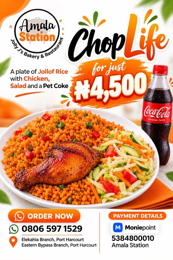 Chop Life offer poster: a plate of jollof rice with chicken, salad and a Pet Coke for ₦4,500